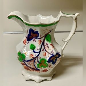19th Century Gaudy Welsh Unrecorded Pattern Octagonal Footed Jug Handled Pitcher